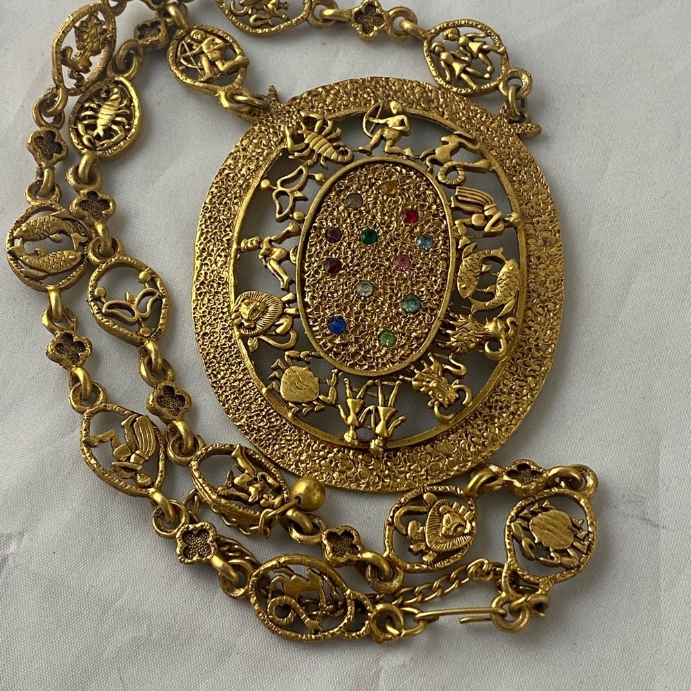 Gold tone zodiac  astrology statement necklace